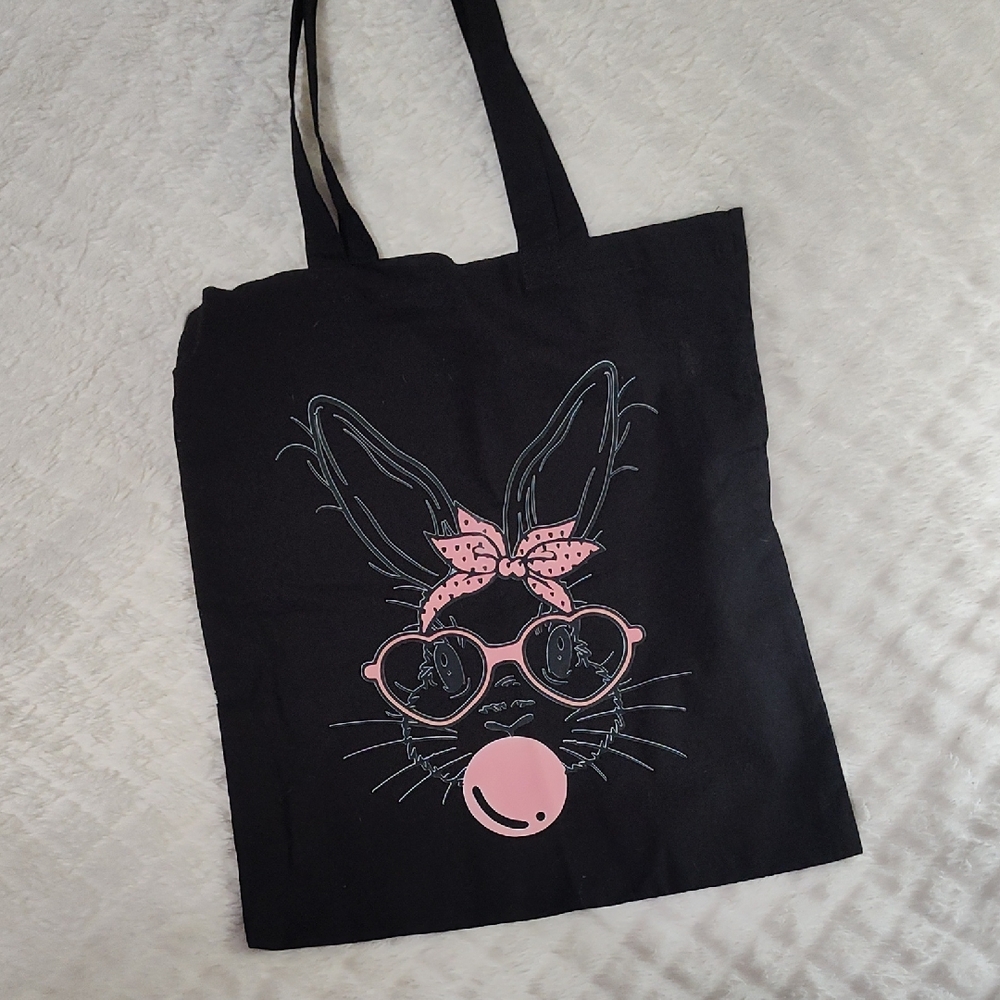 NWOT. Black Tote Bag with Pink Bunny Design